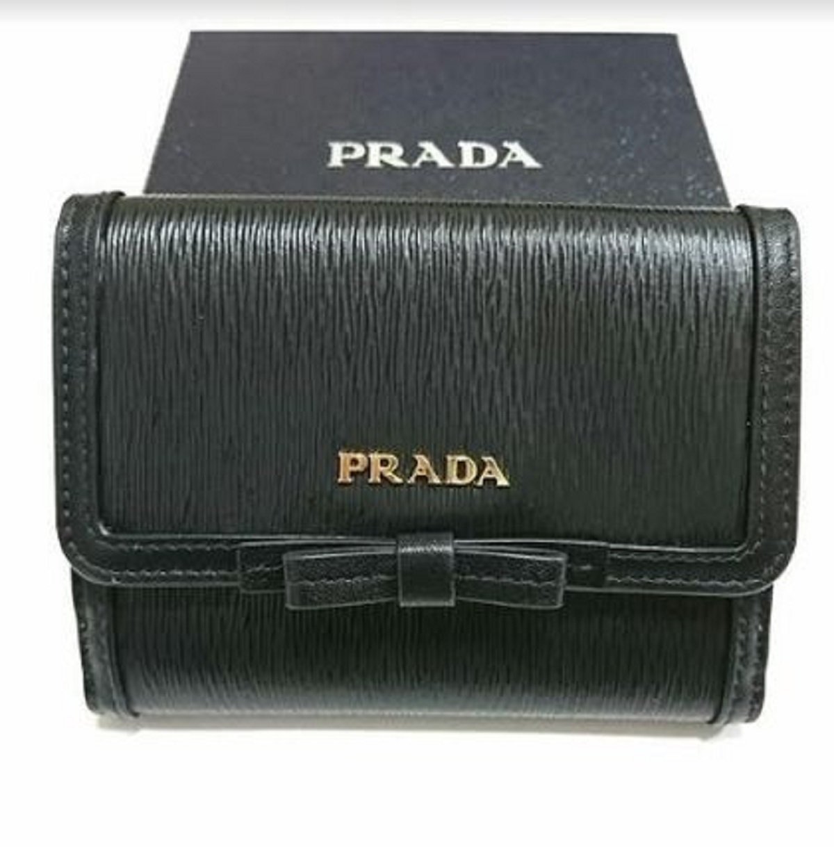 Prada Vitello Move Leather Black Coin Purse Bi-fold Bow Wallet 1MH523