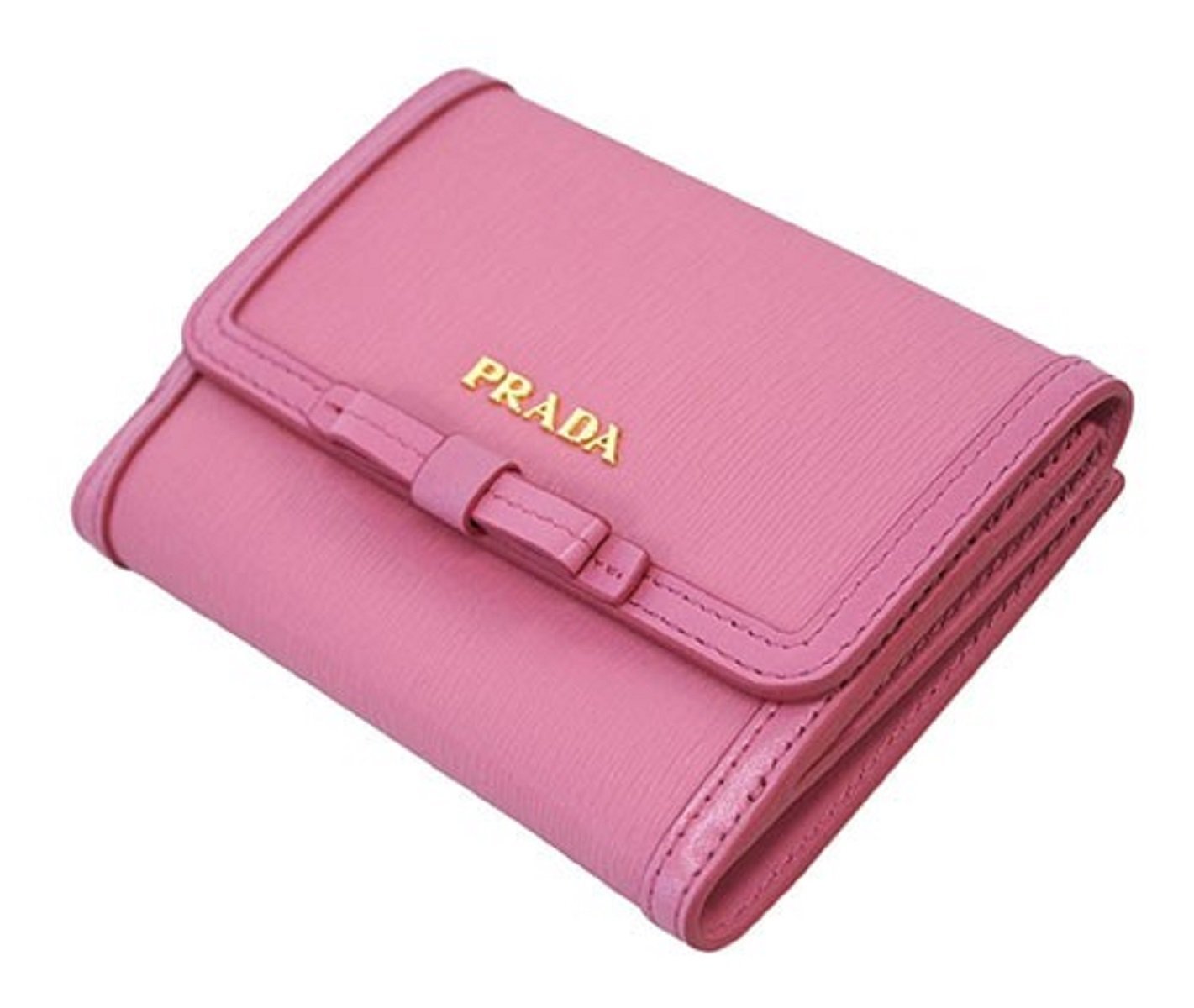 Prada Vitello Move Leather Geranio Pink Coin Purse Bi-fold Bow Wallet 1MH523