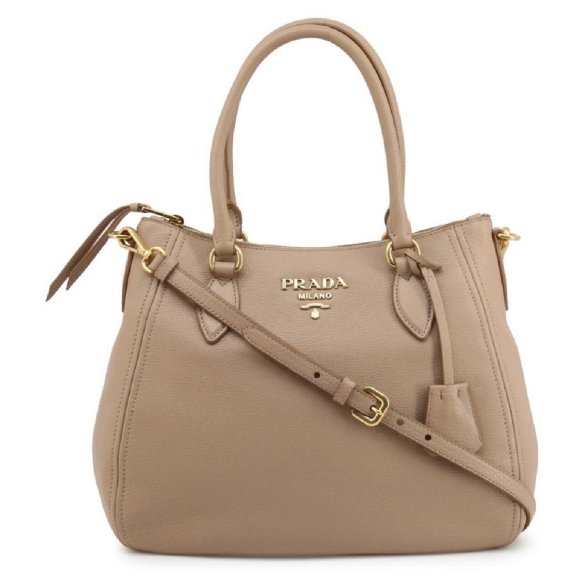Prada Vitello Phenix Leather Convertible Zip Bag Cammeo Beige 1BC032