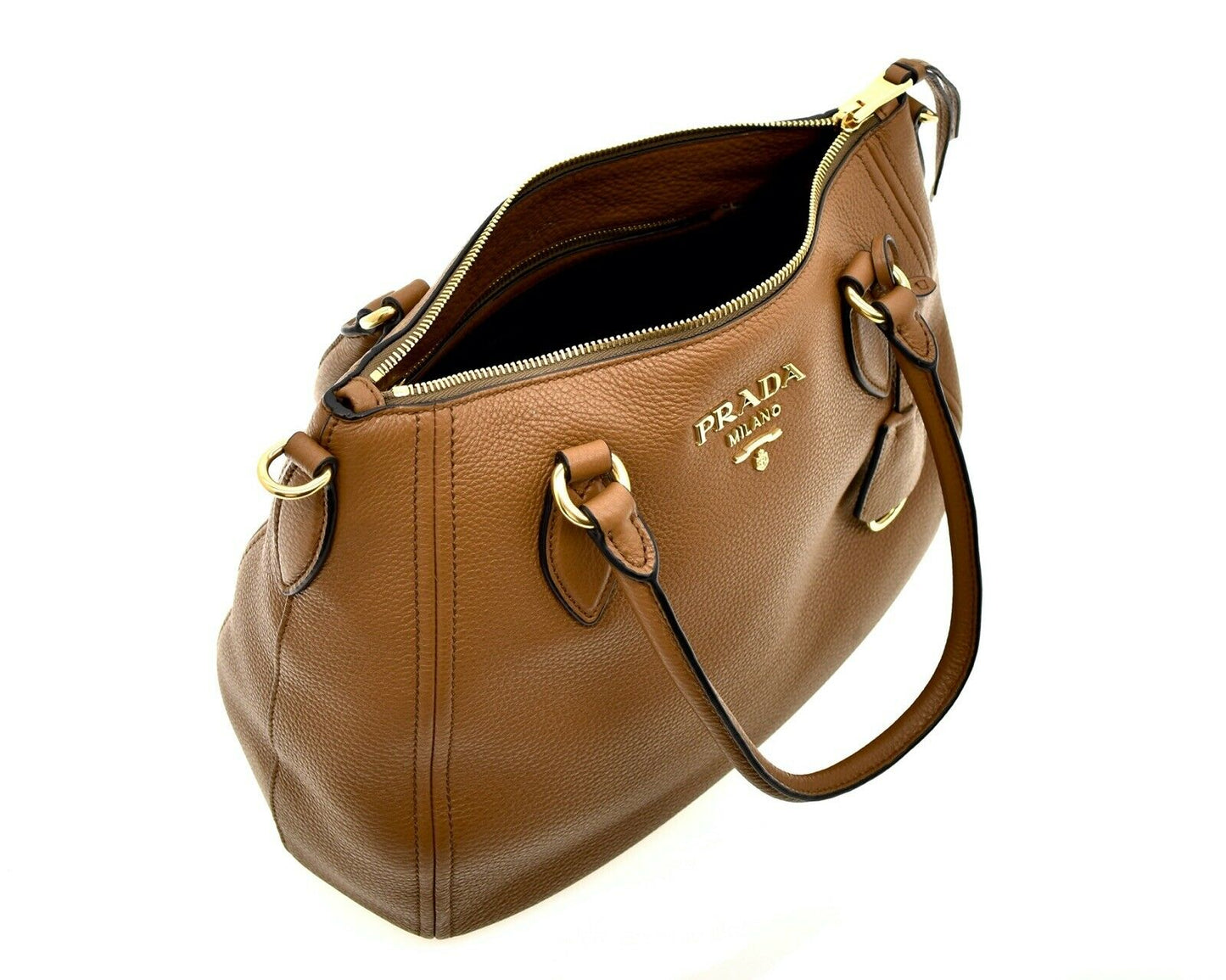 Prada Vitello Phenix Leather Convertible Zip Bag Cannella Brown 1BC032
