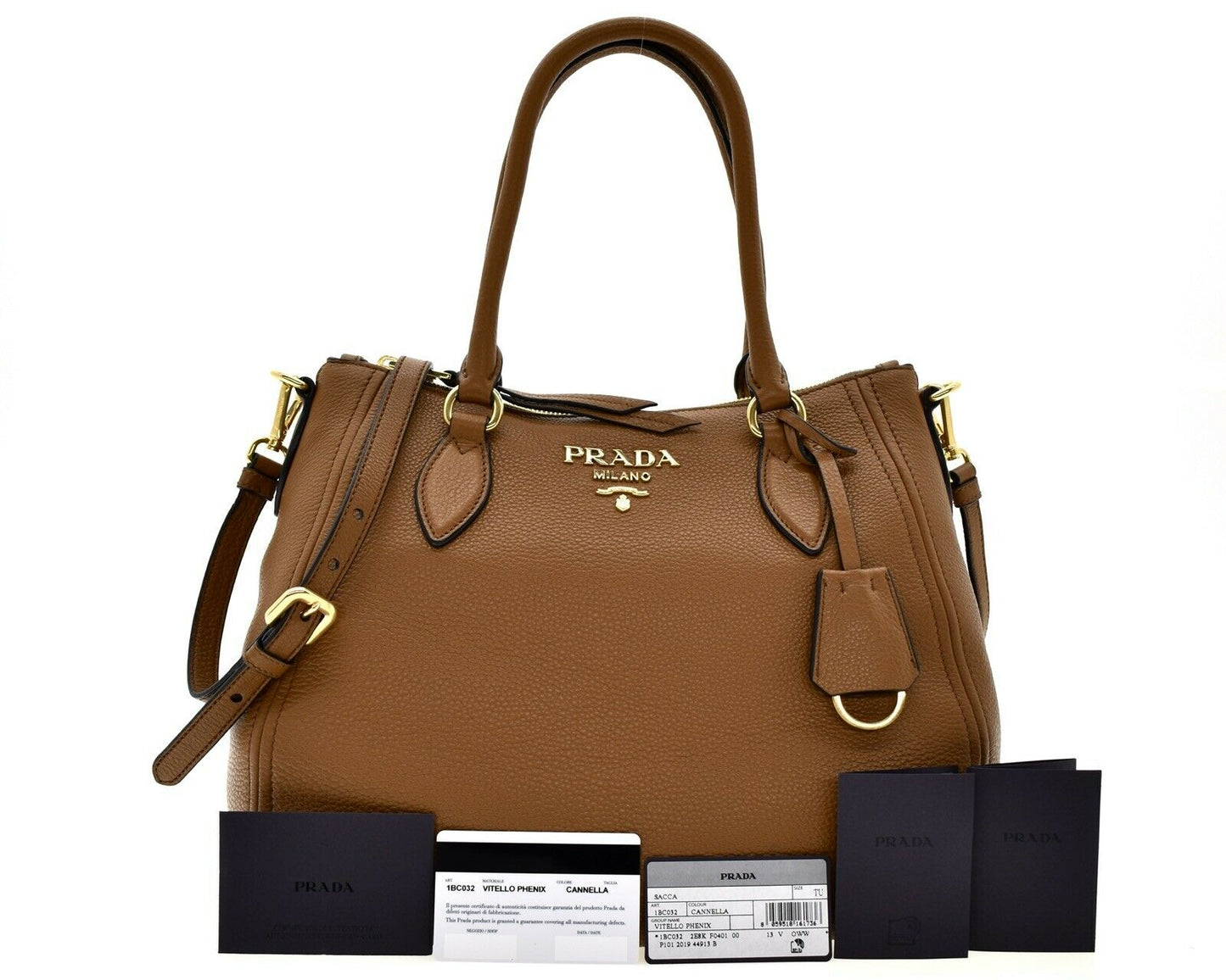 Prada Vitello Phenix Leather Convertible Zip Bag Cannella Brown 1BC032