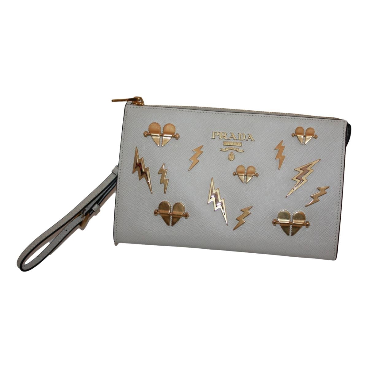 Prada White Saffiano Leather Gold Hearts Pouch Wristlet Bag 1NE007