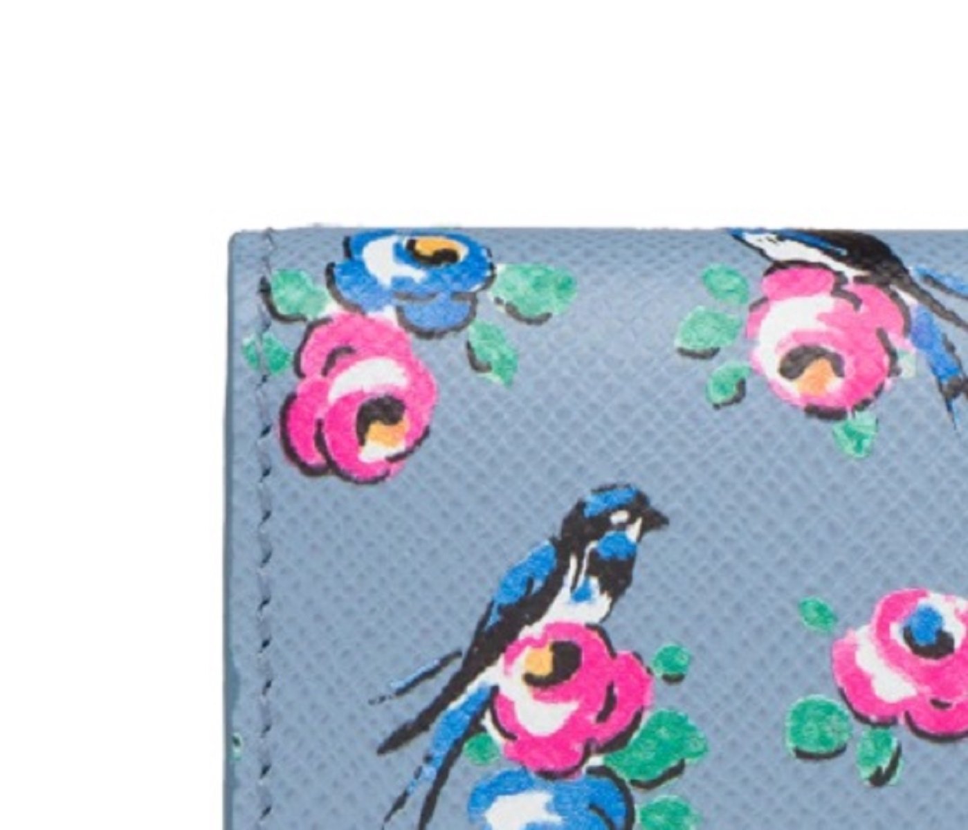 Prada Women's Astrale Blue Saffiano Leather Swallow Print Snap Bifold Wallet 1MV204