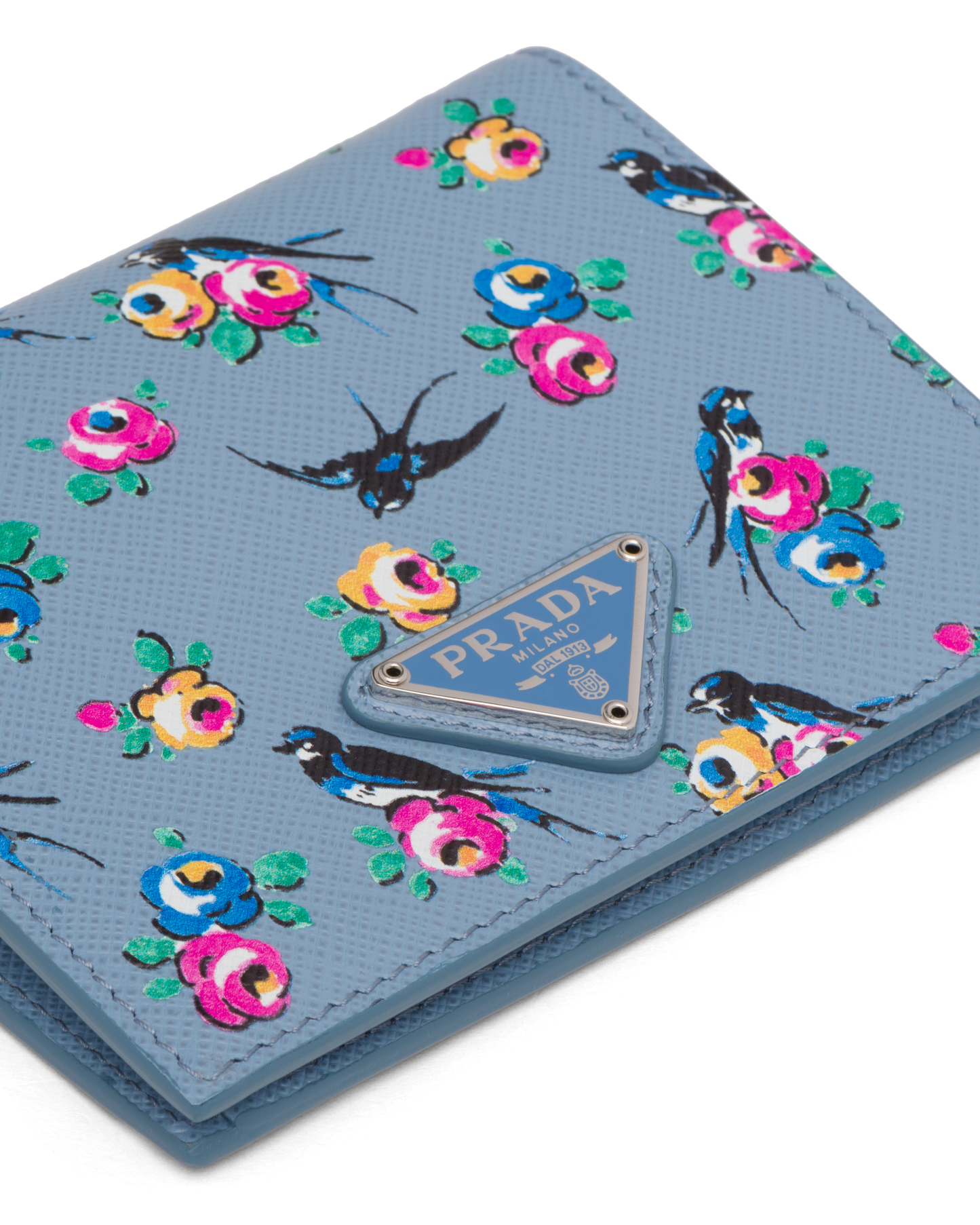 Prada Women's Astrale Blue Saffiano Leather Swallow Print Snap Bifold Wallet 1MV204