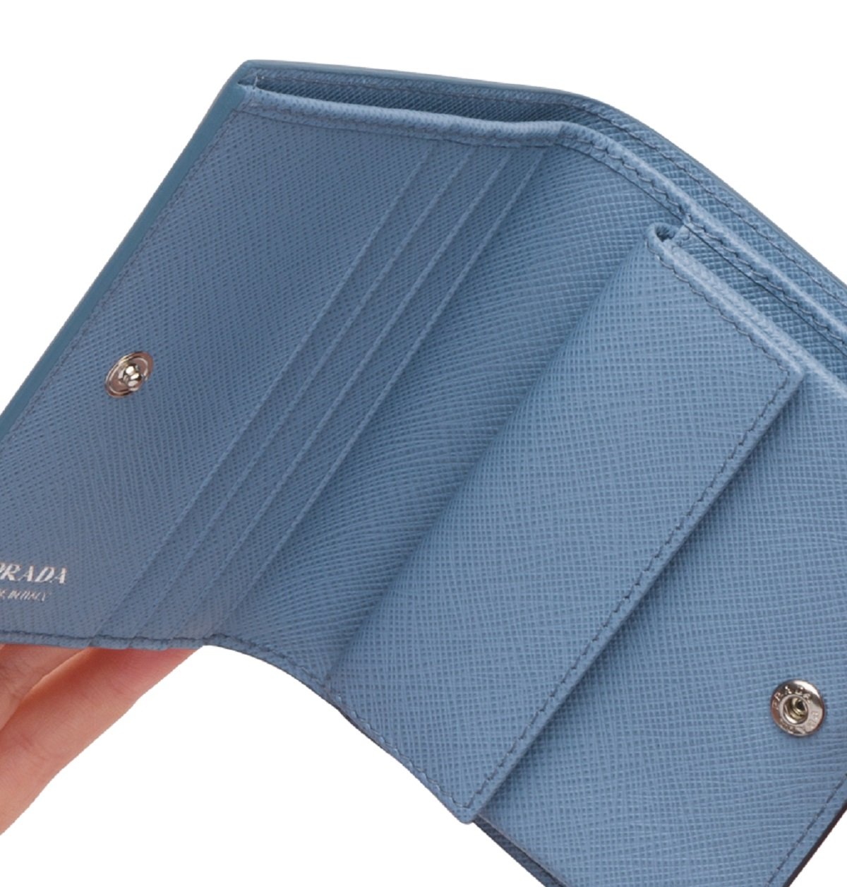 Prada Women's Astrale Blue Saffiano Leather Swallow Print Snap Bifold Wallet 1MV204