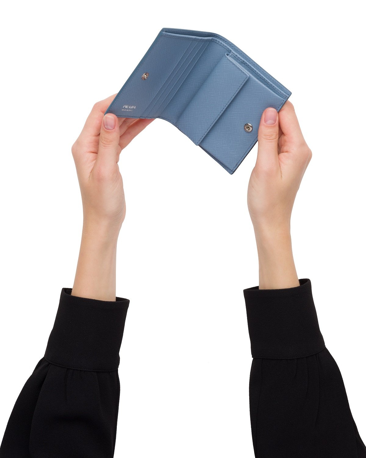 Prada Women's Astrale Blue Saffiano Leather Swallow Print Snap Bifold Wallet 1MV204