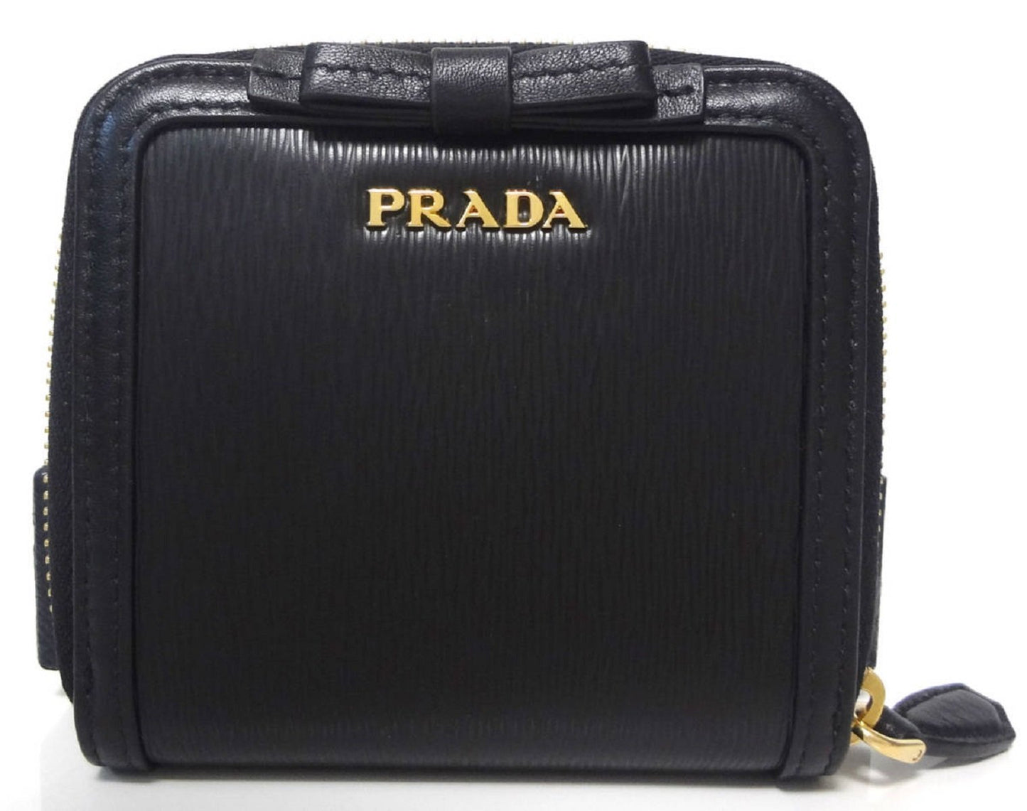 Prada Women's Black Nero Vitello Move Zip Flap Bow Wallet 1ML522