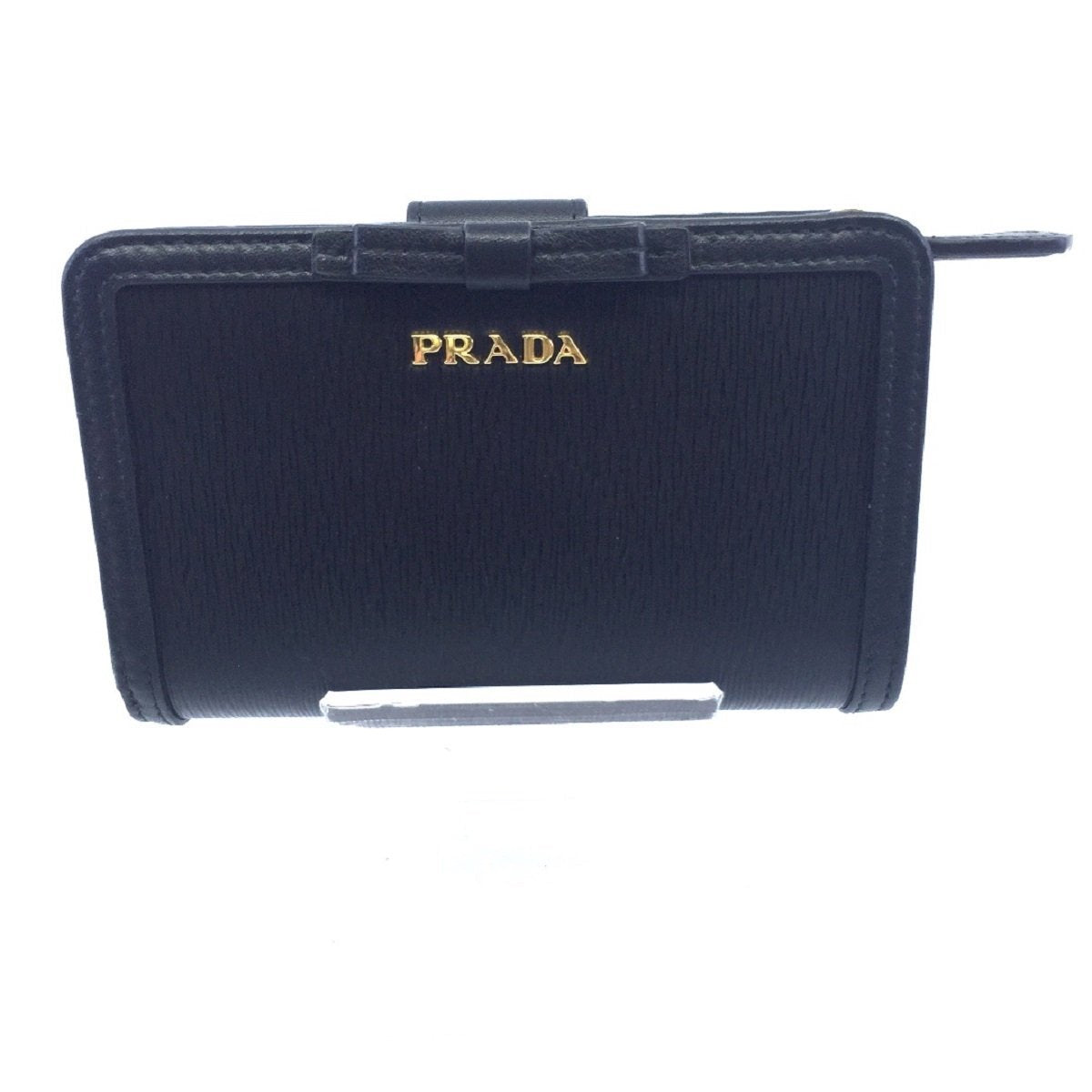 Prada Women's Vitello Move Black Bow Trim French Flap Zipper Wallet 1ML225