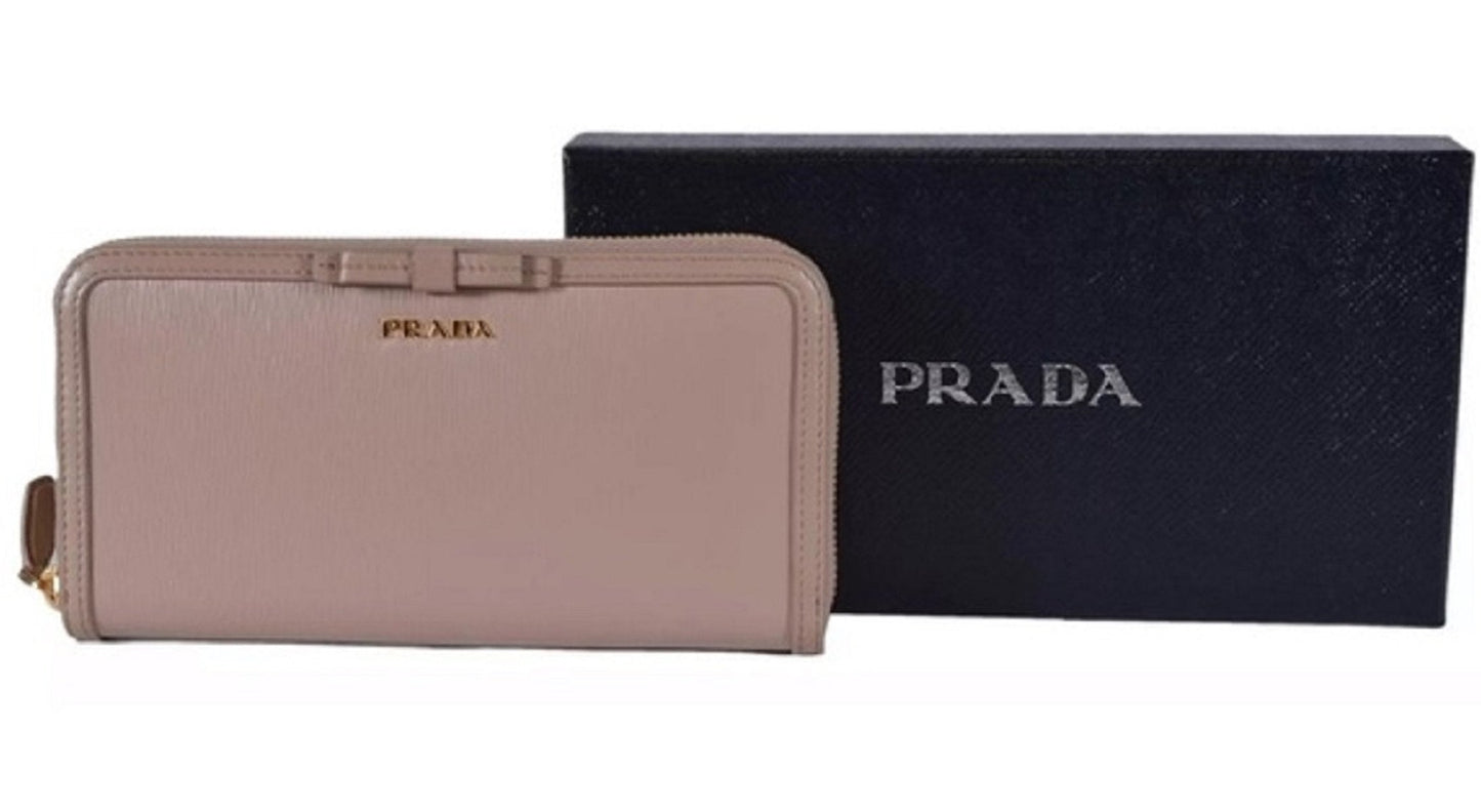 Prada Women's Vitello Move Blush Beige Bow Trim French Flap Zipper Wallet