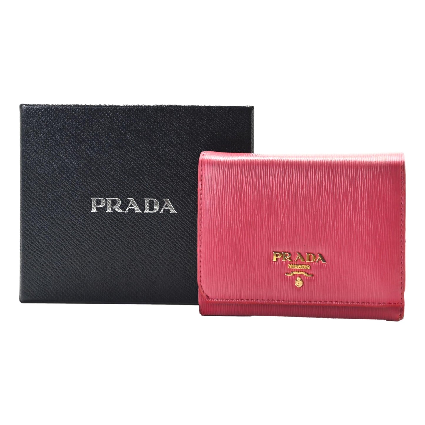 Prada Vitello Move Pink Leather Logo Plaque Small Trifold Wallet