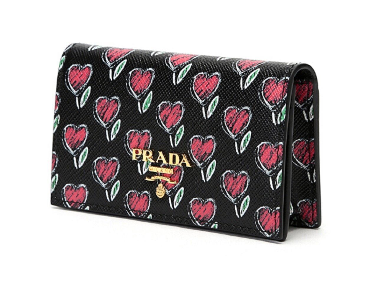 Prada Womens Black Love Hearts Vitello Move Leather Wallet 1MC122