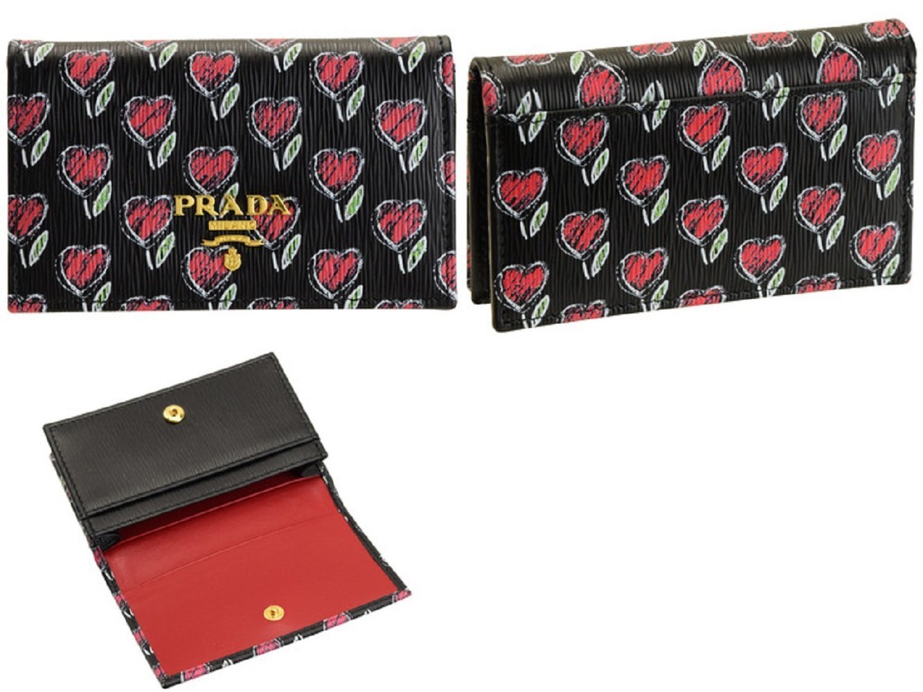 Prada Womens Black Love Hearts Vitello Move Leather Wallet 1MC122