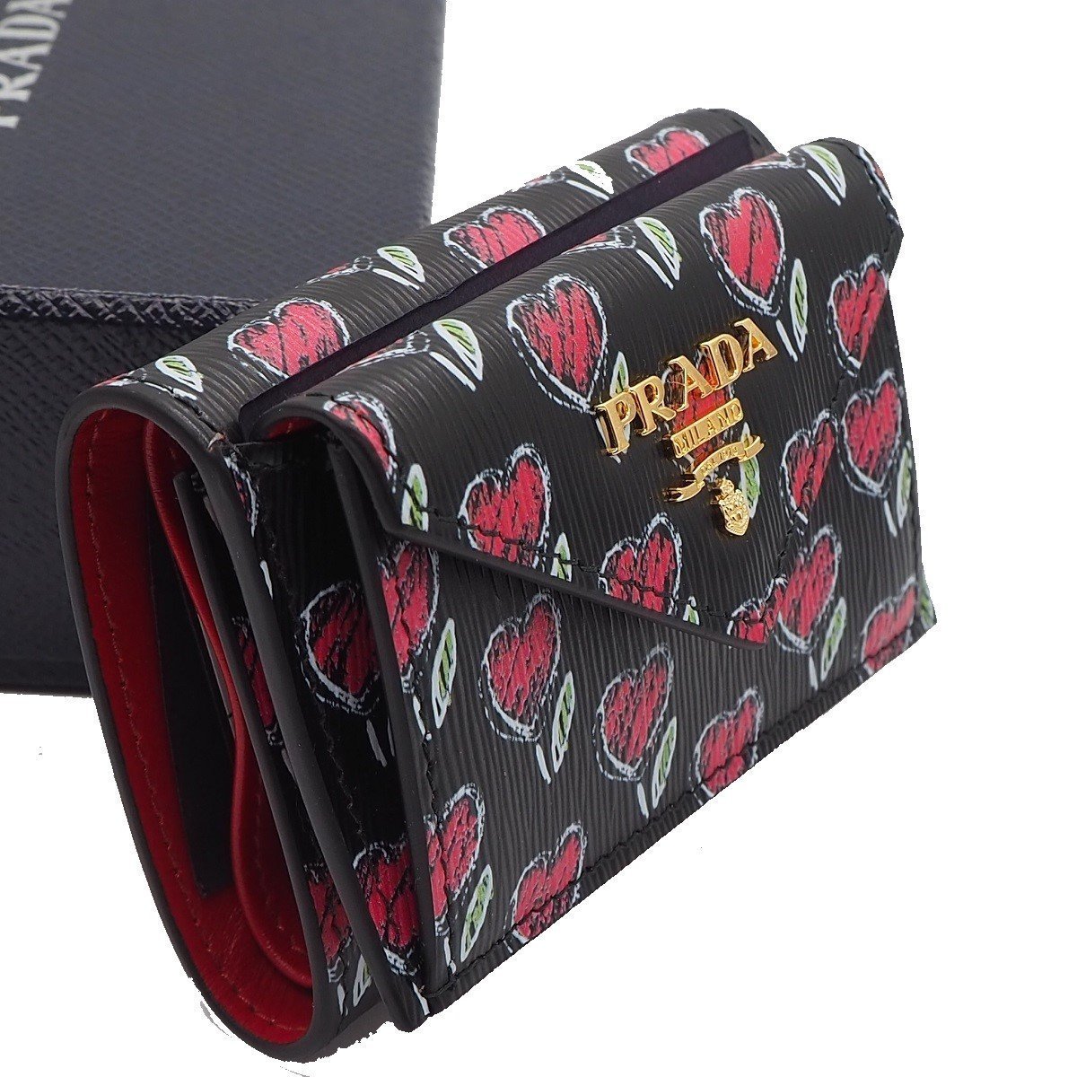 Prada Womens Black Vitello Move Love Hearts Leather Envelope Snap Wallet 1MH021