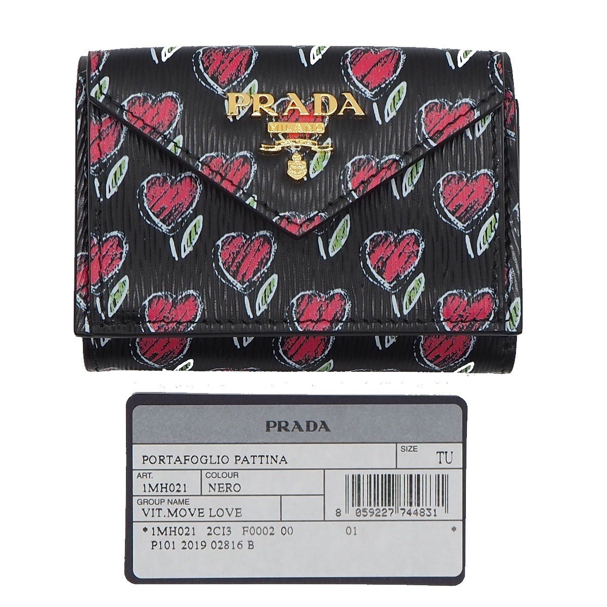 Prada Womens Black Vitello Move Love Hearts Leather Envelope Snap Wallet 1MH021