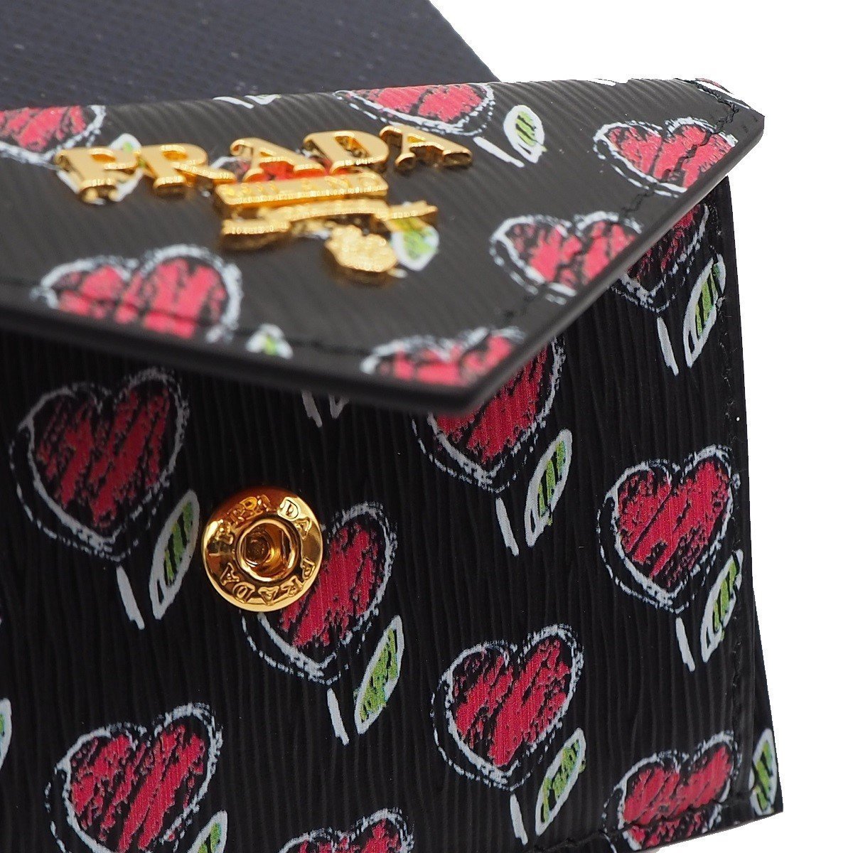 Prada Womens Black Vitello Move Love Hearts Leather Envelope Snap Wallet 1MH021