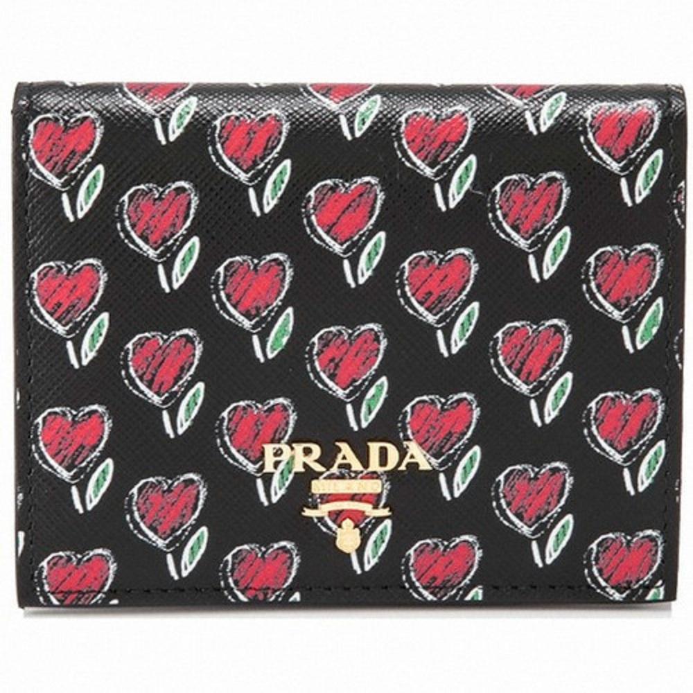 Prada Womens Black Vitello Move Love Hearts Leather Snap Bifold Wallet 1MV204