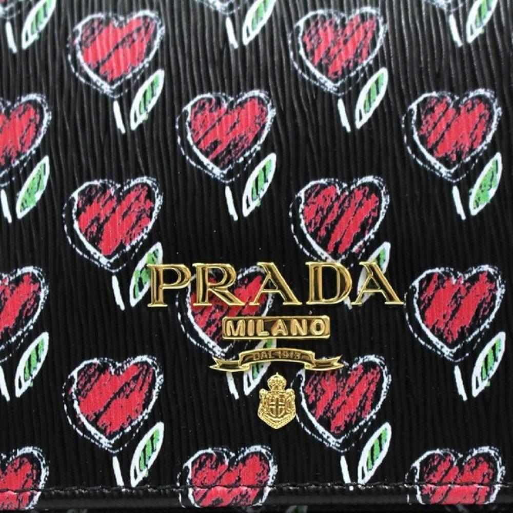 Prada Womens Black Vitello Move Love Hearts Leather Snap Bifold Wallet 1MV204