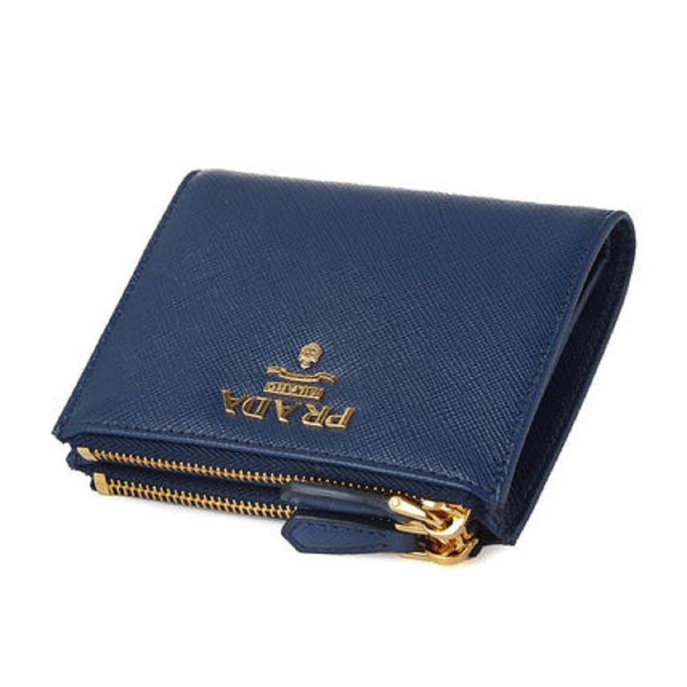 Prada Womens Dark Blue Vitello Move Leather Double Zipper Snap Wallet 1ML024