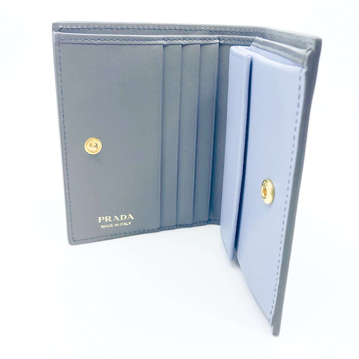 Prada Unisex Grey Blue Mirage Calf Leather Bifold Snap Wallet 1MV204
