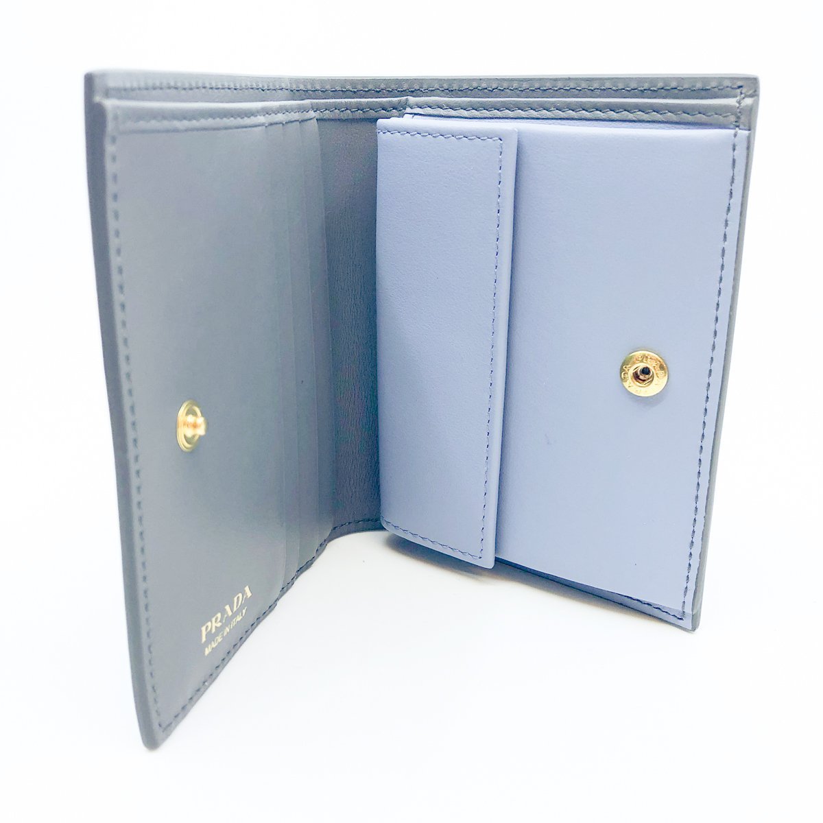 Prada Unisex Grey Blue Mirage Calf Leather Bifold Snap Wallet 1MV204