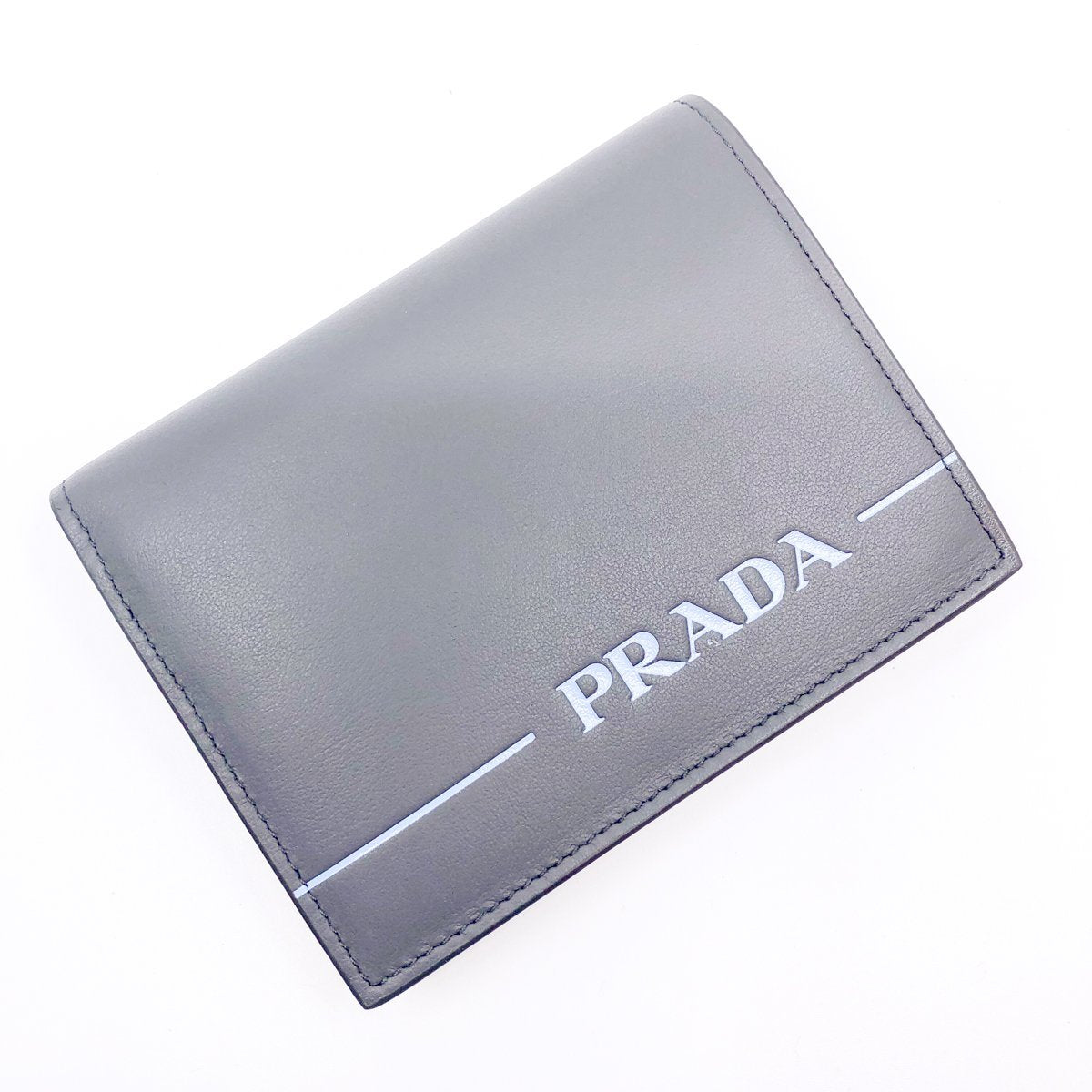 Prada Unisex Grey Blue Mirage Calf Leather Bifold Snap Wallet 1MV204