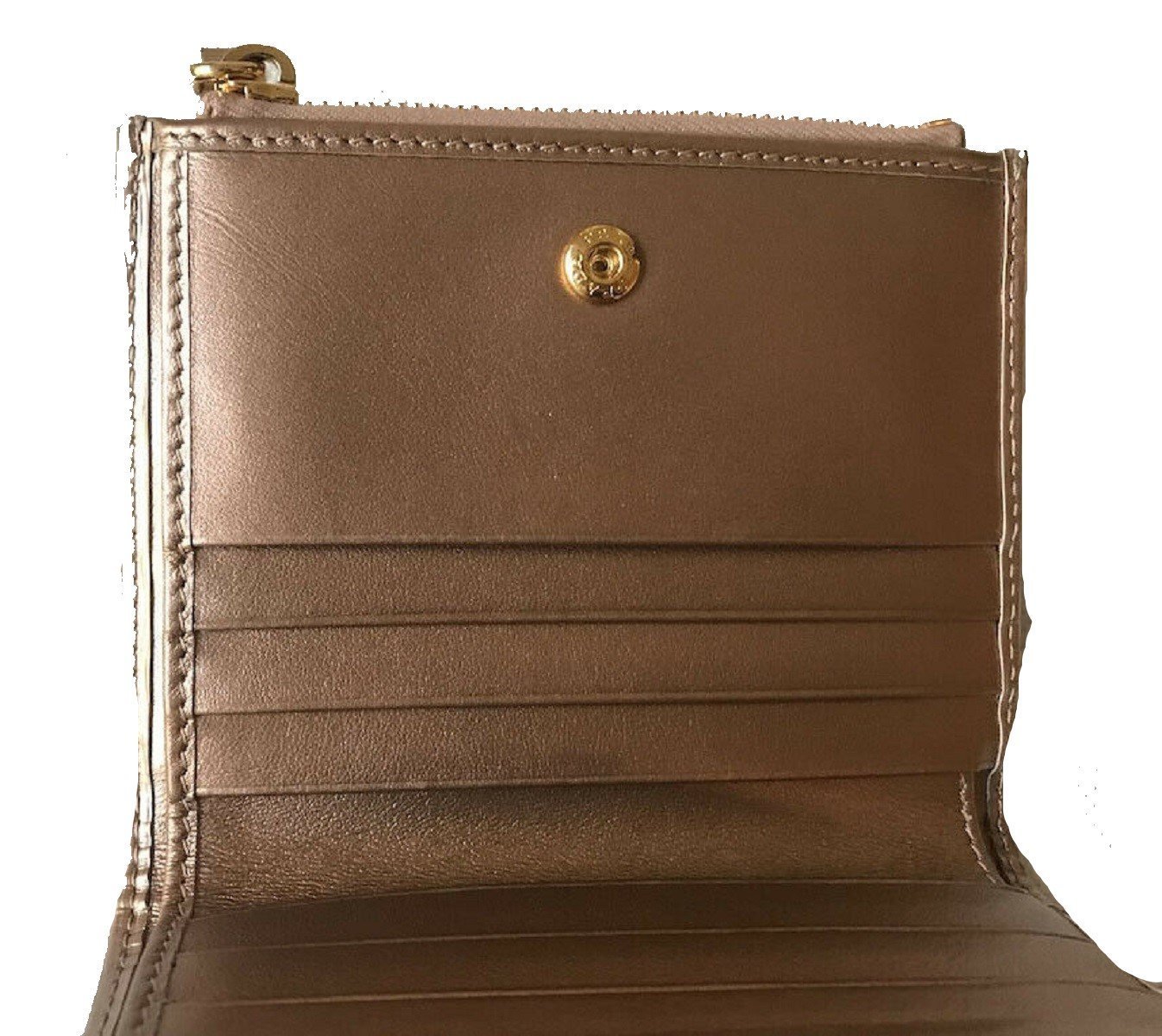 Prada Womens Metallic Rose Gold Zip Snap Vitello Move Leather Wallet 1ML024