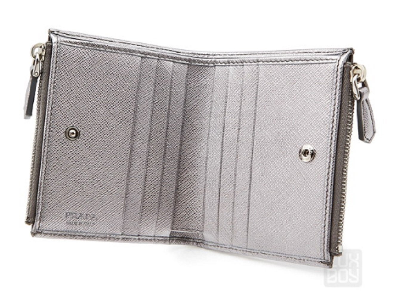 Prada Womens Metallic Silver Zip Snap Vitello Move Leather Wallet 1ML024