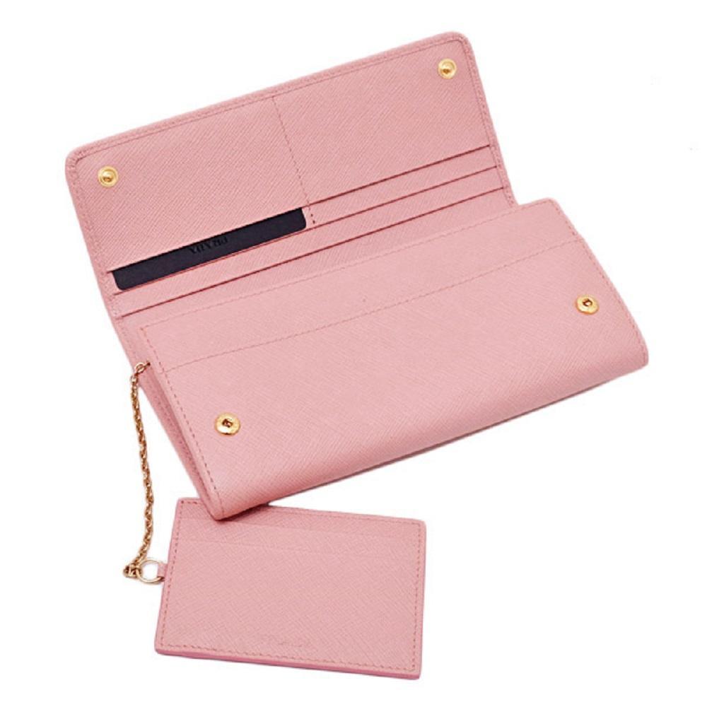 Prada Womens Pink Saffiano Leather Metal Snap Continental Wallet 1MH132