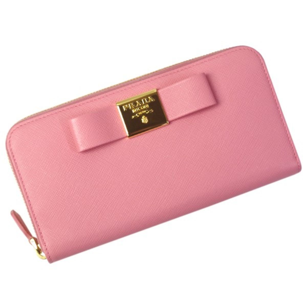 Prada Womens Pink Saffiano Leather Zip Around Continental Bow Wallet 1ML506