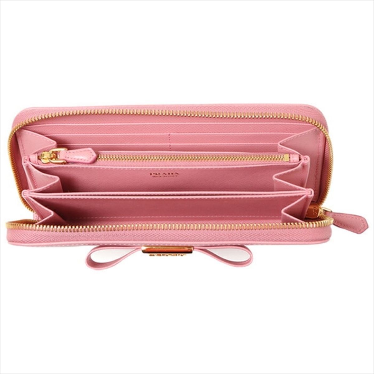 Prada Womens Pink Saffiano Leather Zip Around Continental Bow Wallet 1ML506