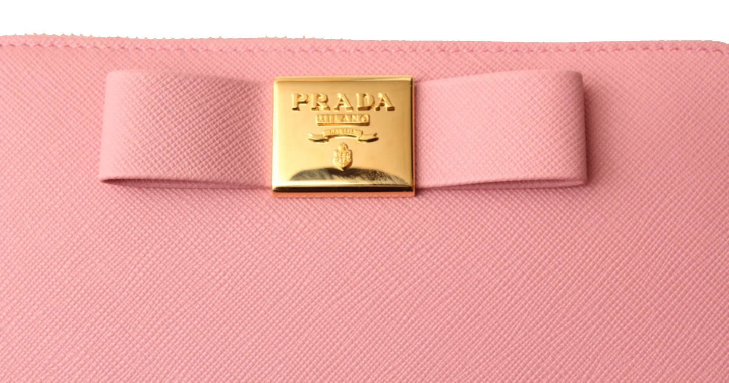 Prada Womens Pink Saffiano Leather Zip Around Continental Bow Wallet 1ML506