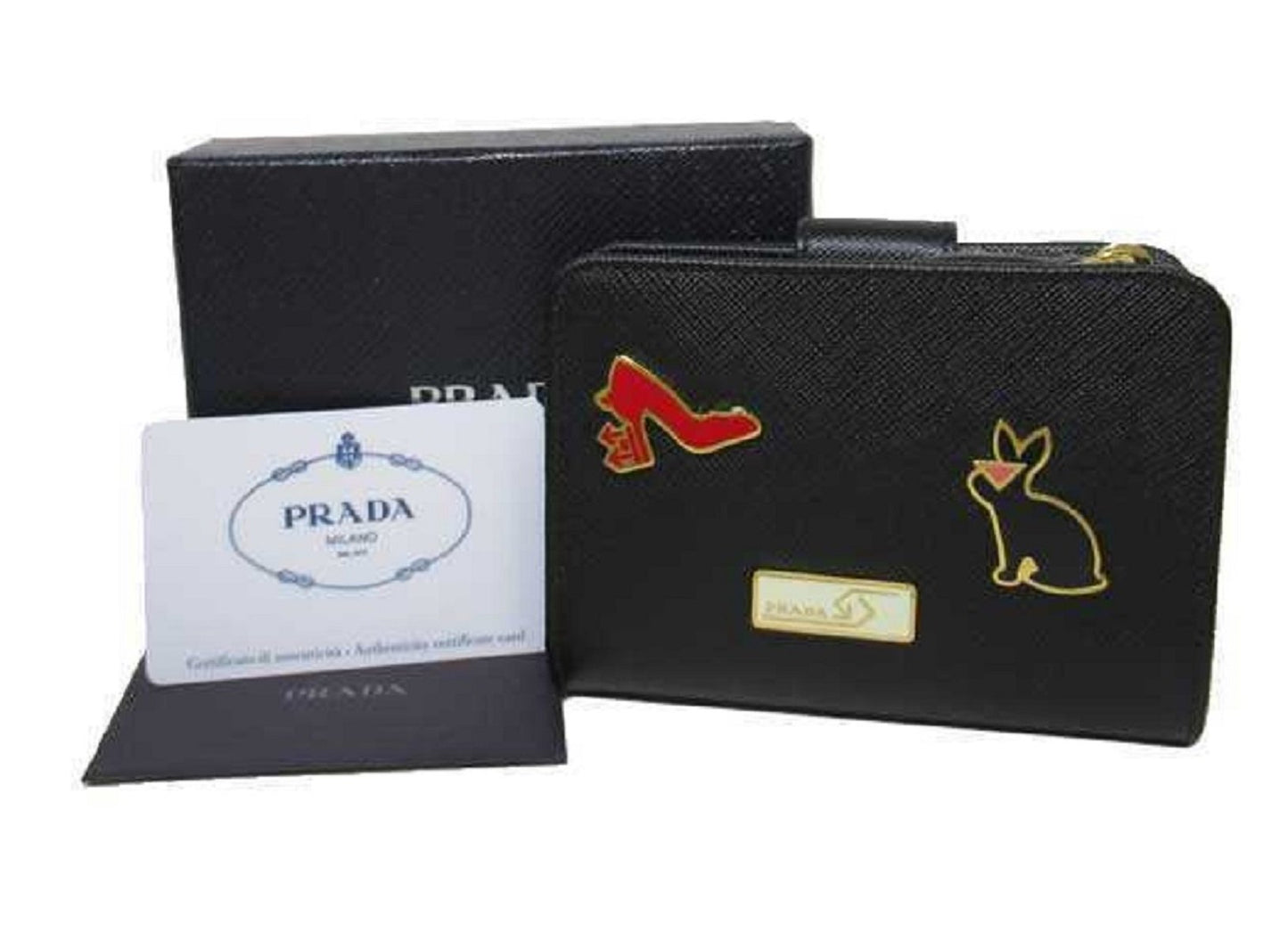 Prada Womens Saffiano Leather Nero Fuoco Black Snap Zip Wallet 1ML018