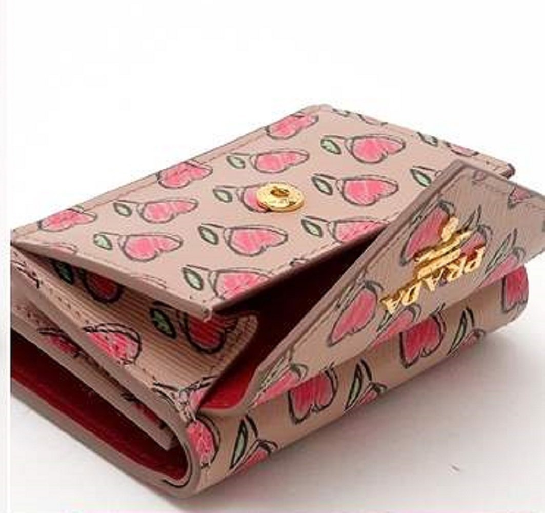 Prada Womens Tan Love Hearts Vitello Move Leather Envelope Snap Wallet 1MH021