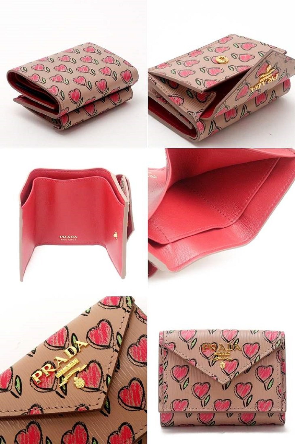 Prada Womens Tan Love Hearts Vitello Move Leather Envelope Snap Wallet 1MH021