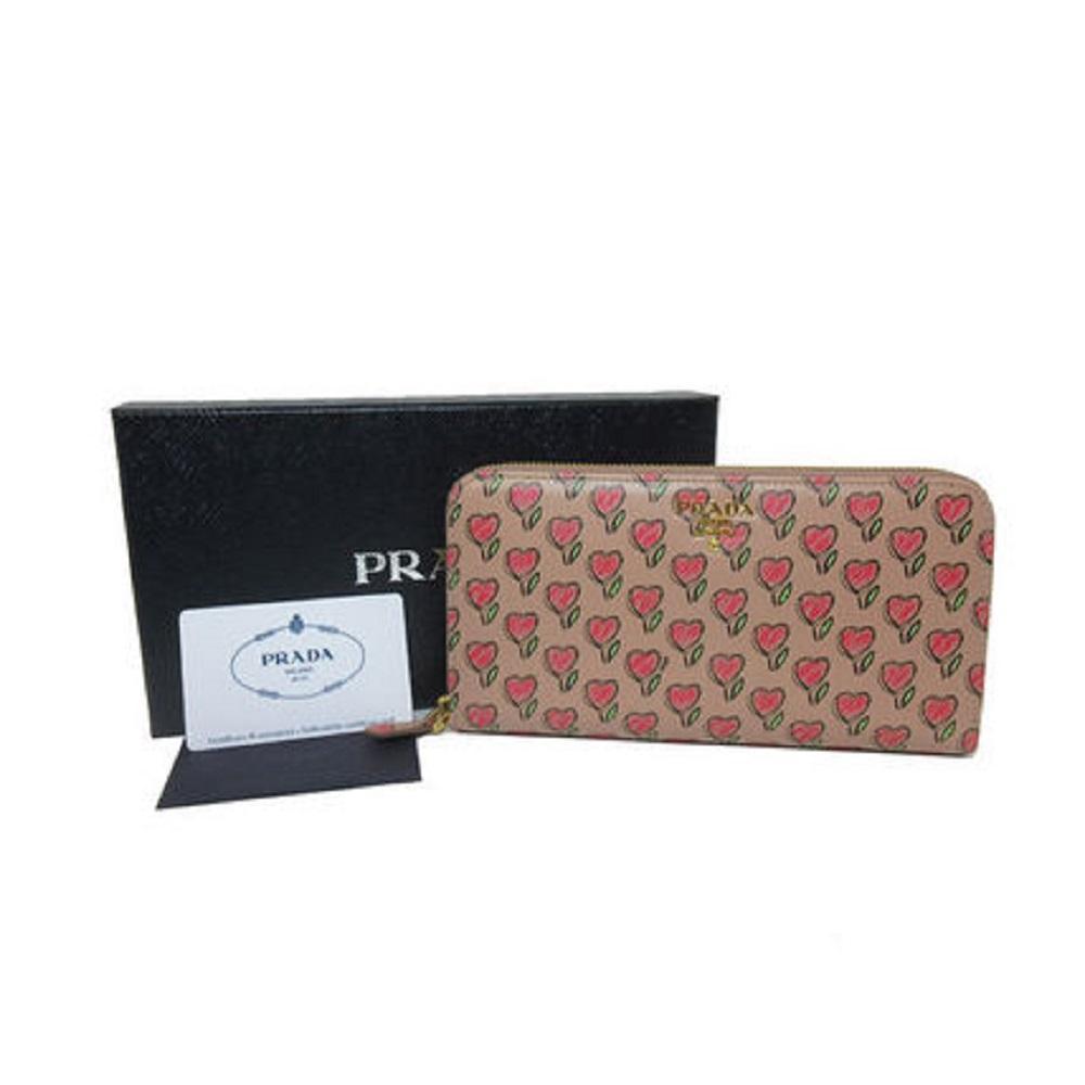 Prada Womens Tan Vitello Move Love Hearts Leather Continental Zip Wallet 1ML506