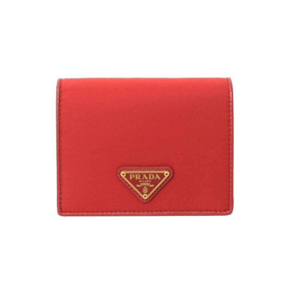 Prada Womens Tessuto Nylon Saffiano Leather Rosso Red Snap Zip Around Wallet 1ML018