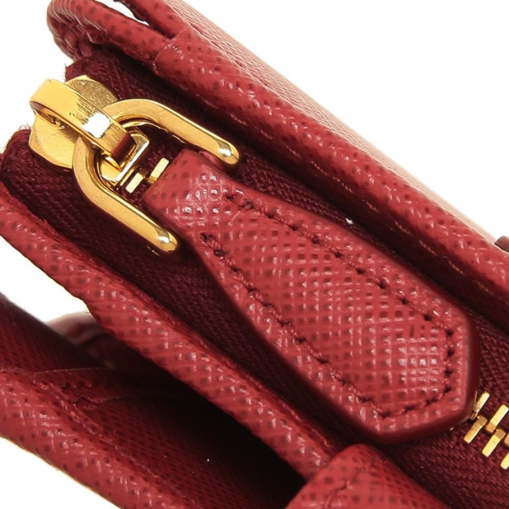 Prada Womens Tessuto Nylon Saffiano Leather Rosso Red Snap Zip Around Wallet 1ML018