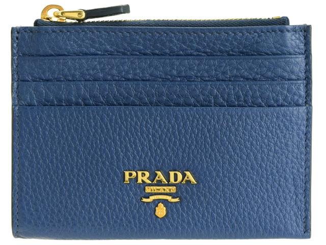 Prada Womens Vitello Grain Bluette Leather Gold Logo Zip Top Card Case 1MC026