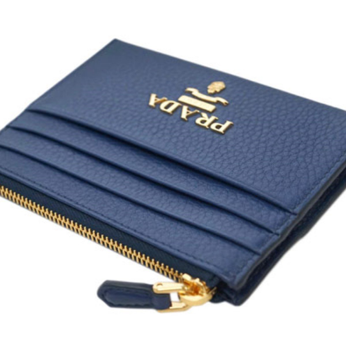Prada Womens Vitello Grain Bluette Leather Gold Logo Zip Top Card Case 1MC026