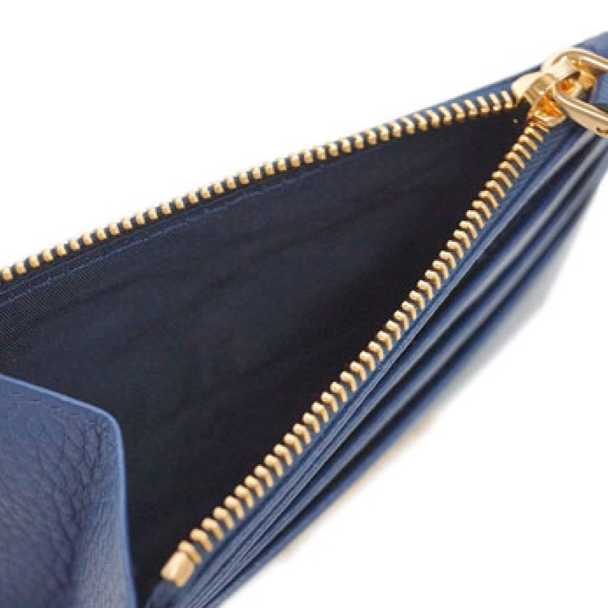 Prada Womens Vitello Grain Bluette Leather Gold Logo Zip Top Card Case 1MC026