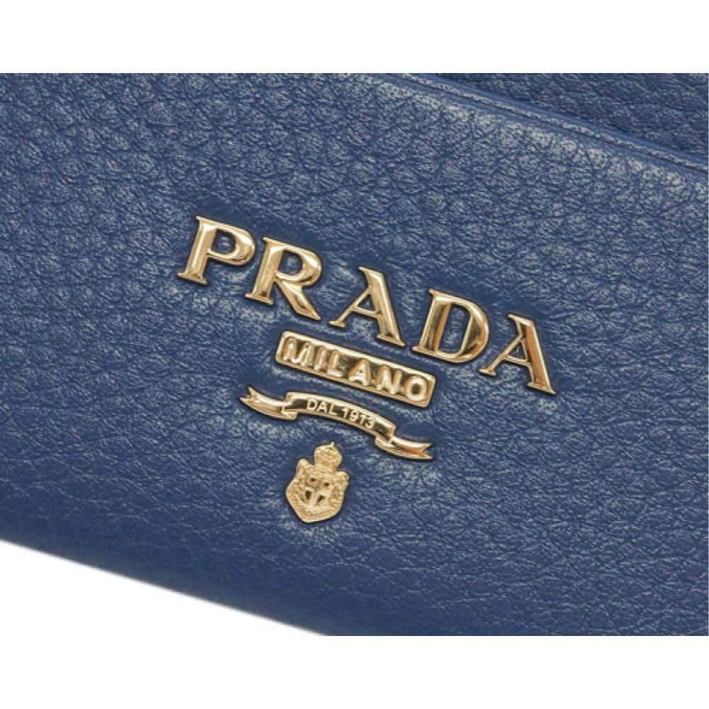 Prada Womens Vitello Grain Bluette Leather Gold Logo Zip Top Card Case 1MC026
