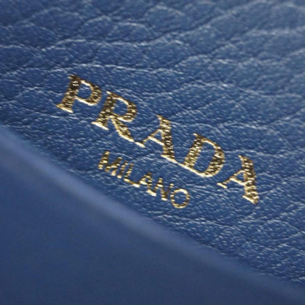 Prada Womens Vitello Grain Bluette Leather Gold Logo Zip Top Card Case 1MC026