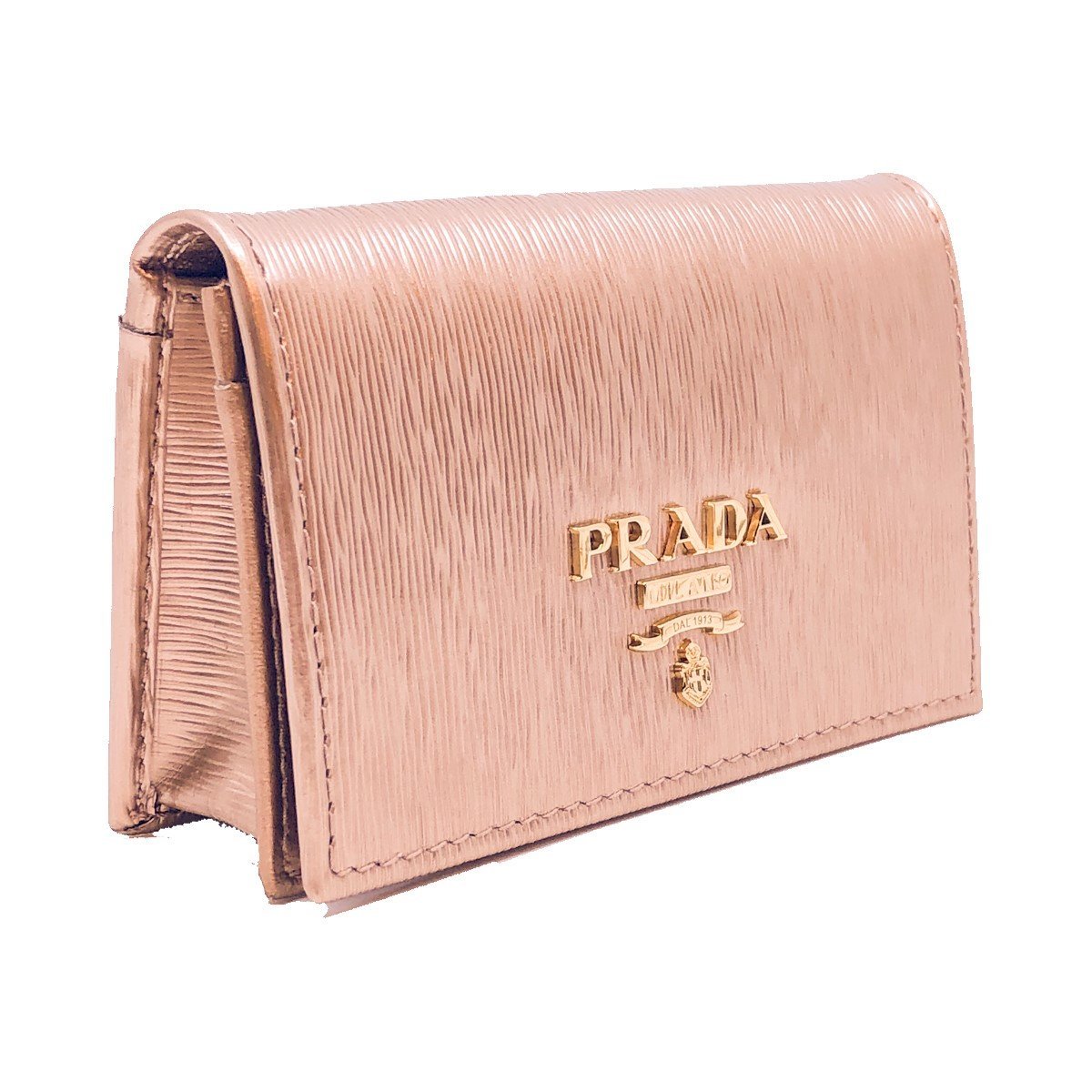Prada Womens Vitello Move Metallic Gold Leather Card Case Wallet 1MC122