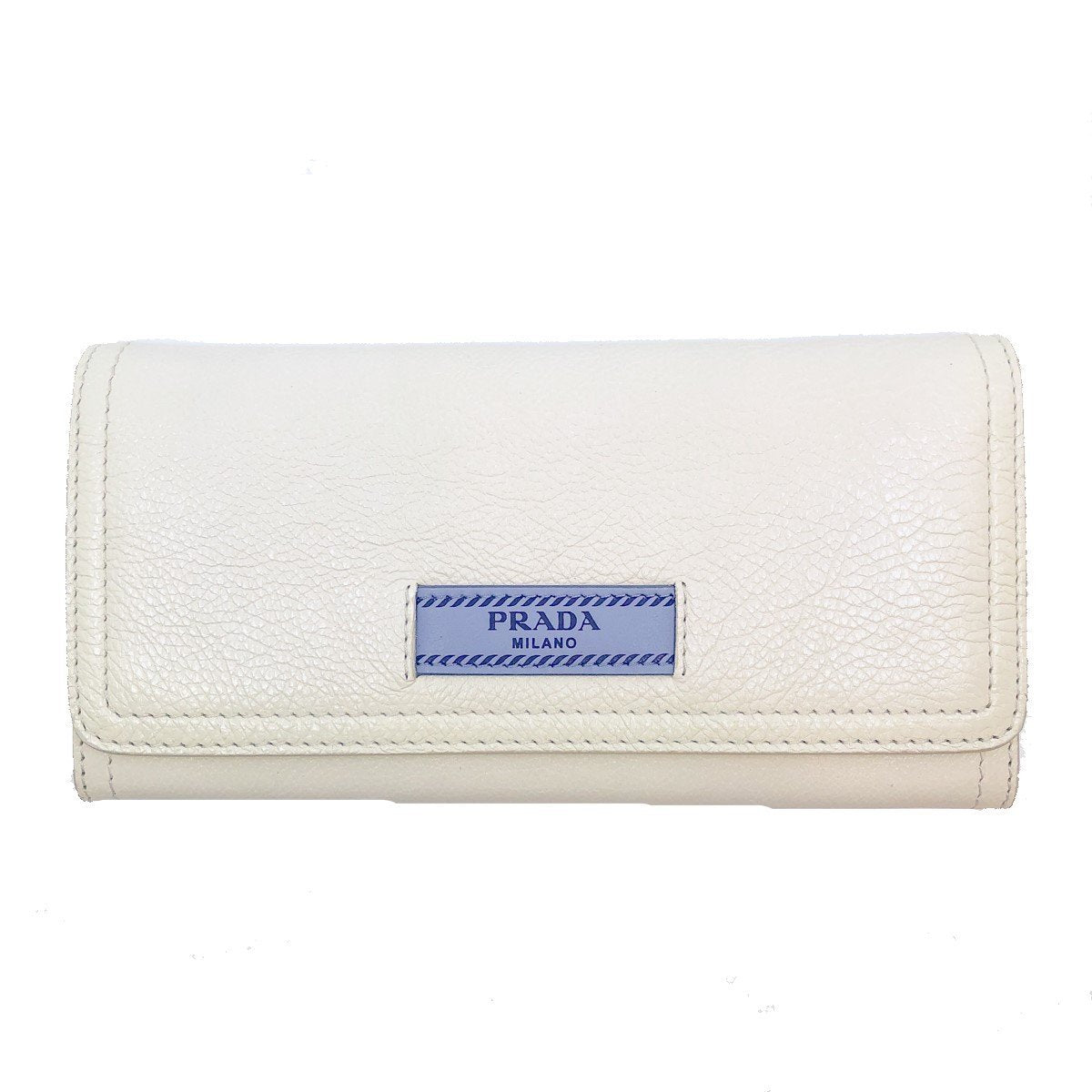 Prada Womens White Glace Calf City Pebbled Leather ID Tag Long Snap Wallet