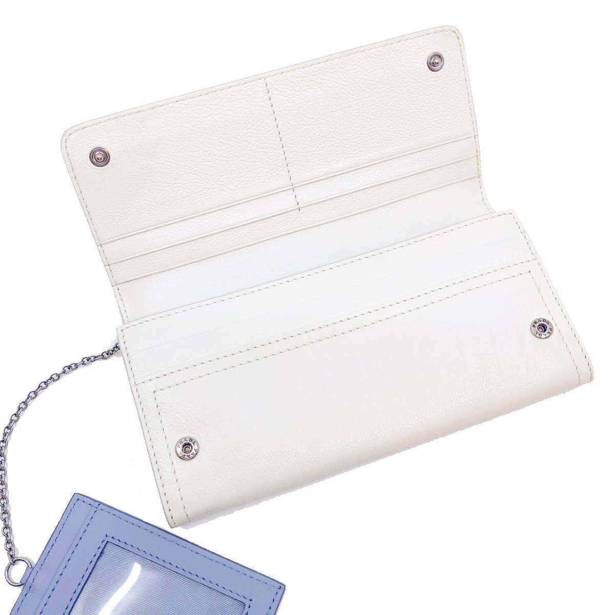 Prada Womens White Glace Calf City Pebbled Leather ID Tag Long Snap Wallet