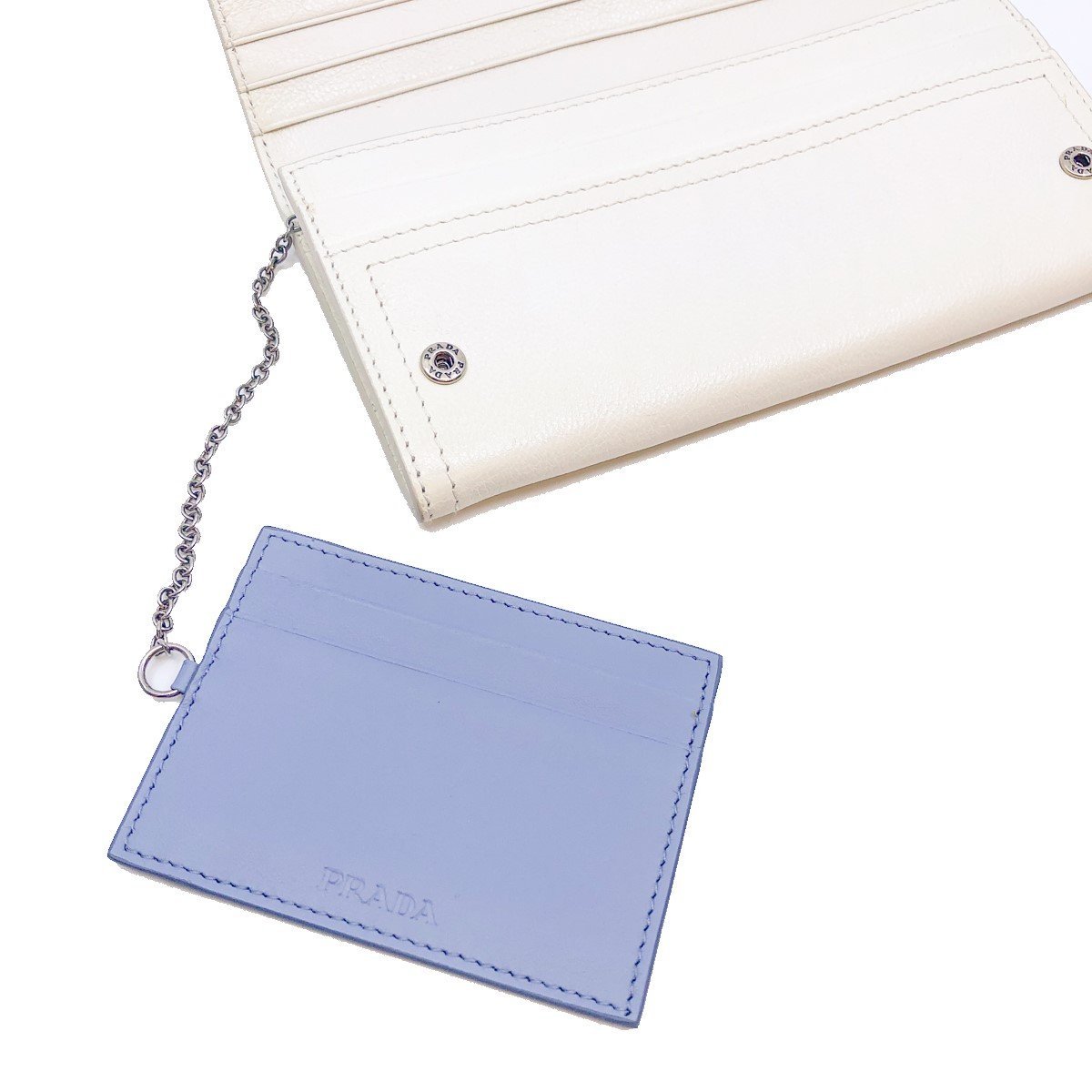 Prada Womens White Glace Calf City Pebbled Leather ID Tag Long Snap Wallet