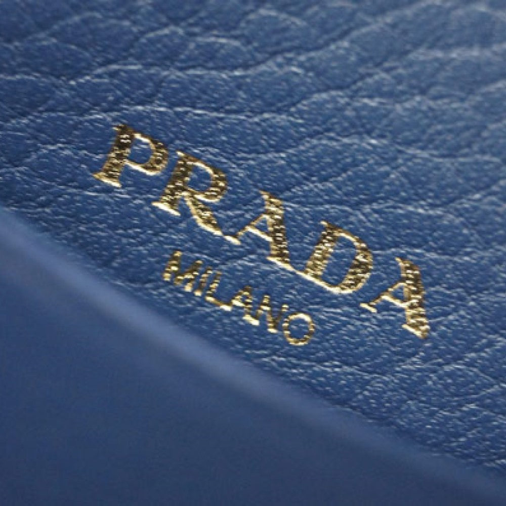 Prada Bluette Saffiano Leather Credit Card Holder with Zipper Gold Prada Logo