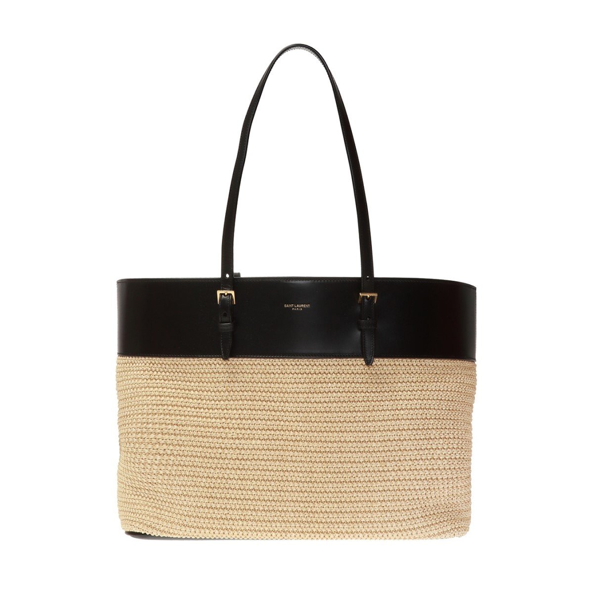 Saint Laurent Boucle Raffia Black Leather Tote 608962