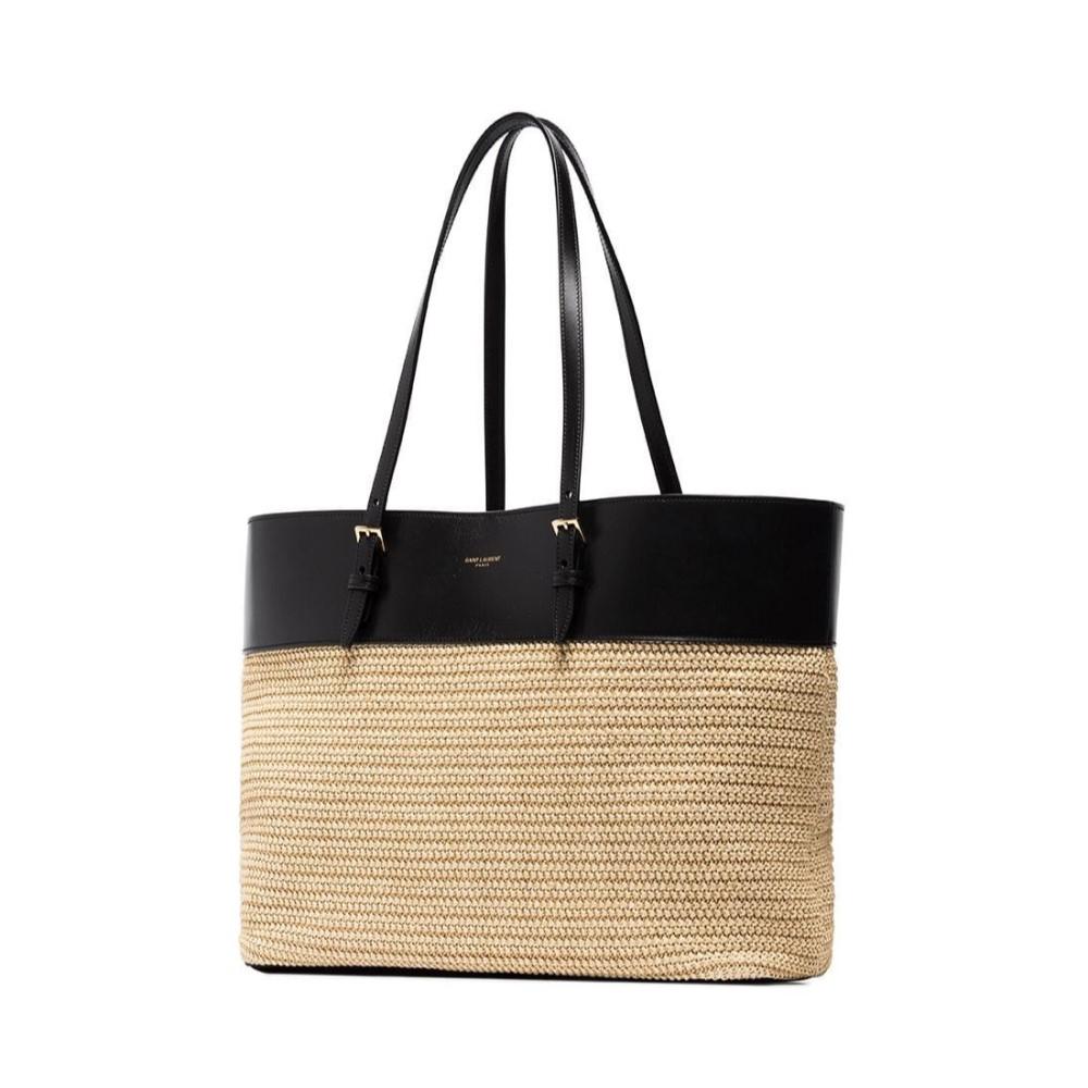 Saint Laurent Boucle Raffia Black Leather Tote 608962