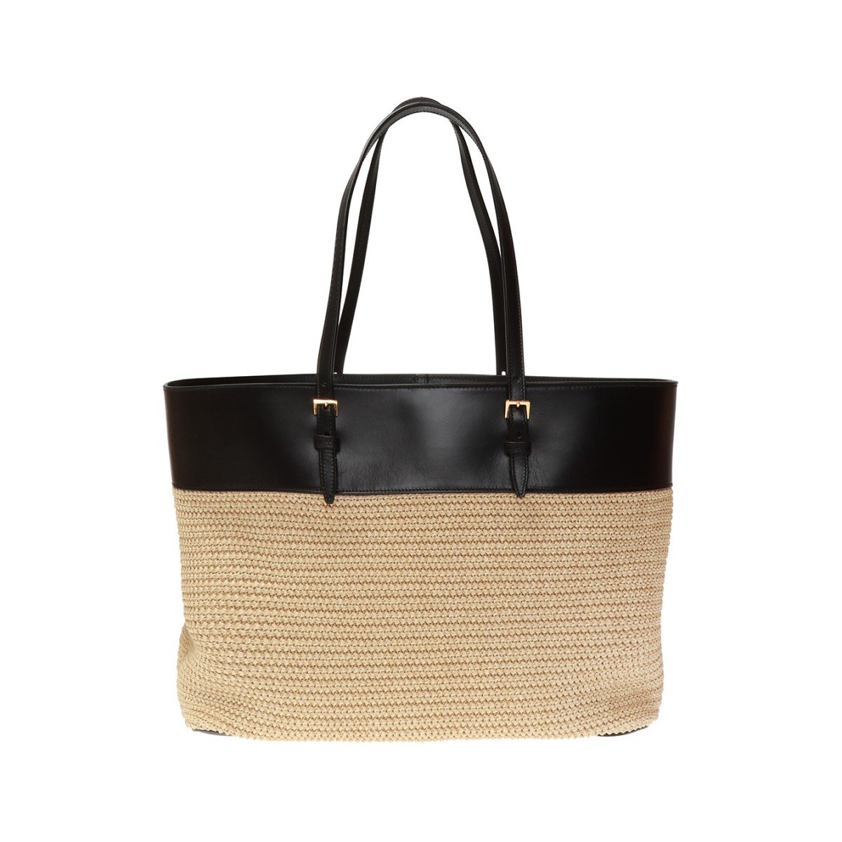 Saint Laurent Boucle Raffia Black Leather Tote 608962